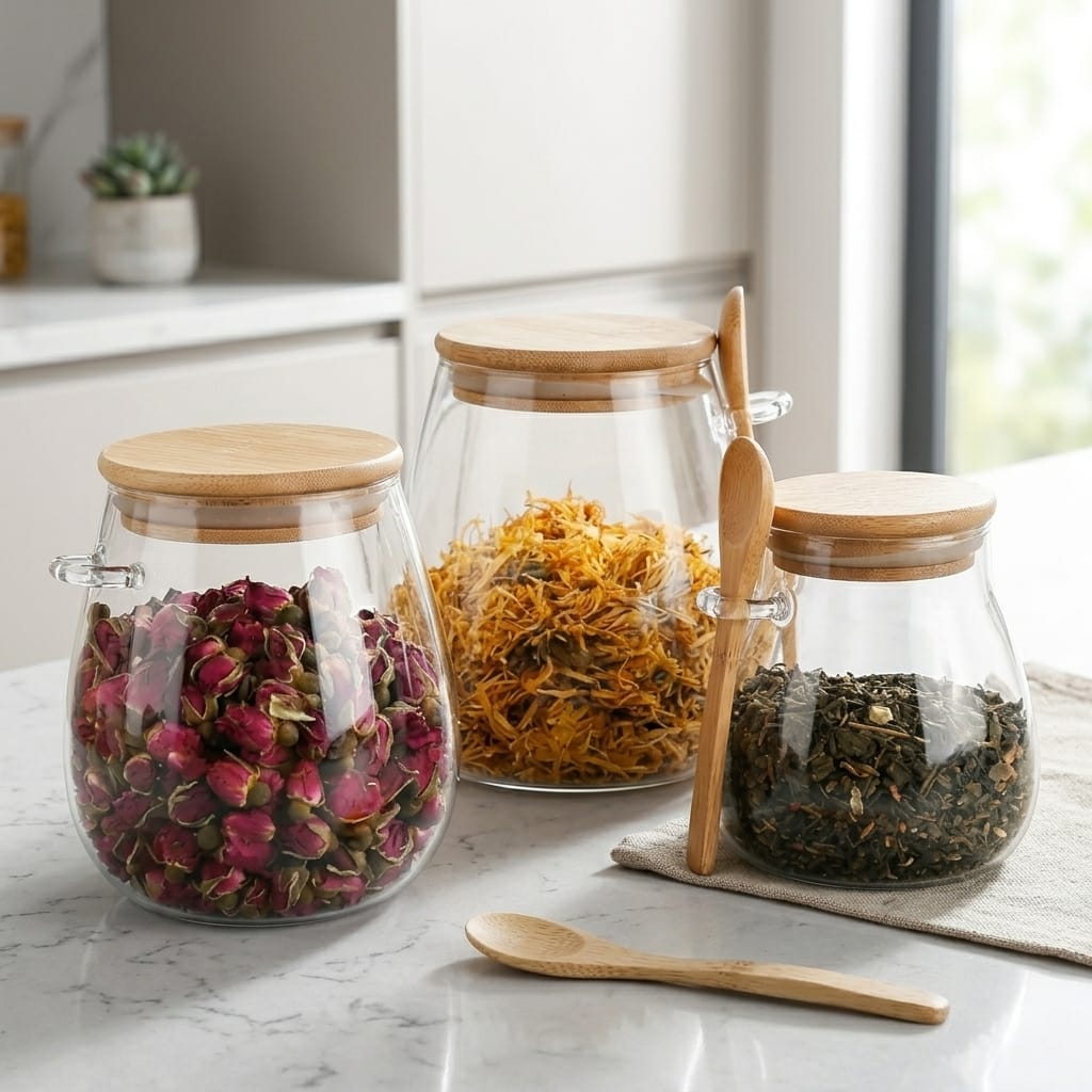 Flexi Maison Bocal de conservation hermétique en verre avec couvercle en bambou et cuillère