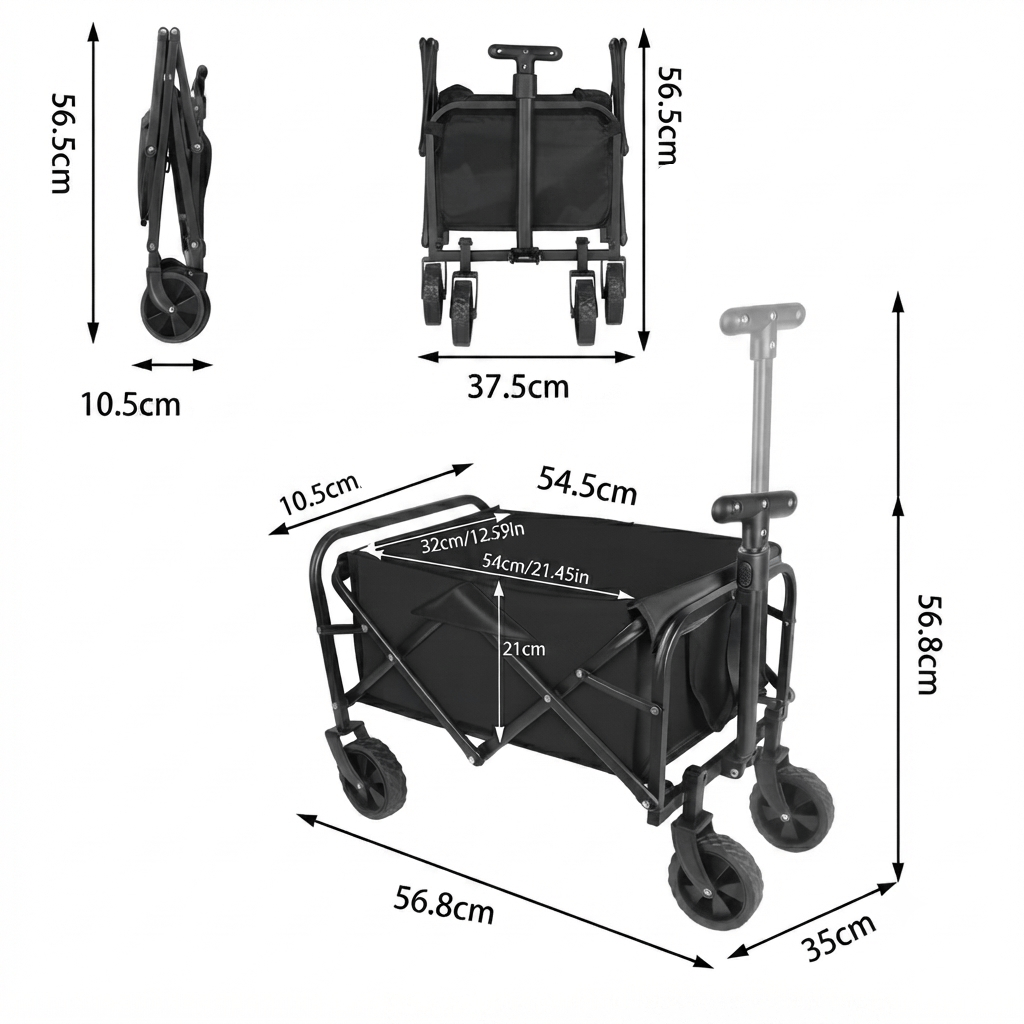 Flexi Maison Chariot de camping pliable noir à roues tout-terrain