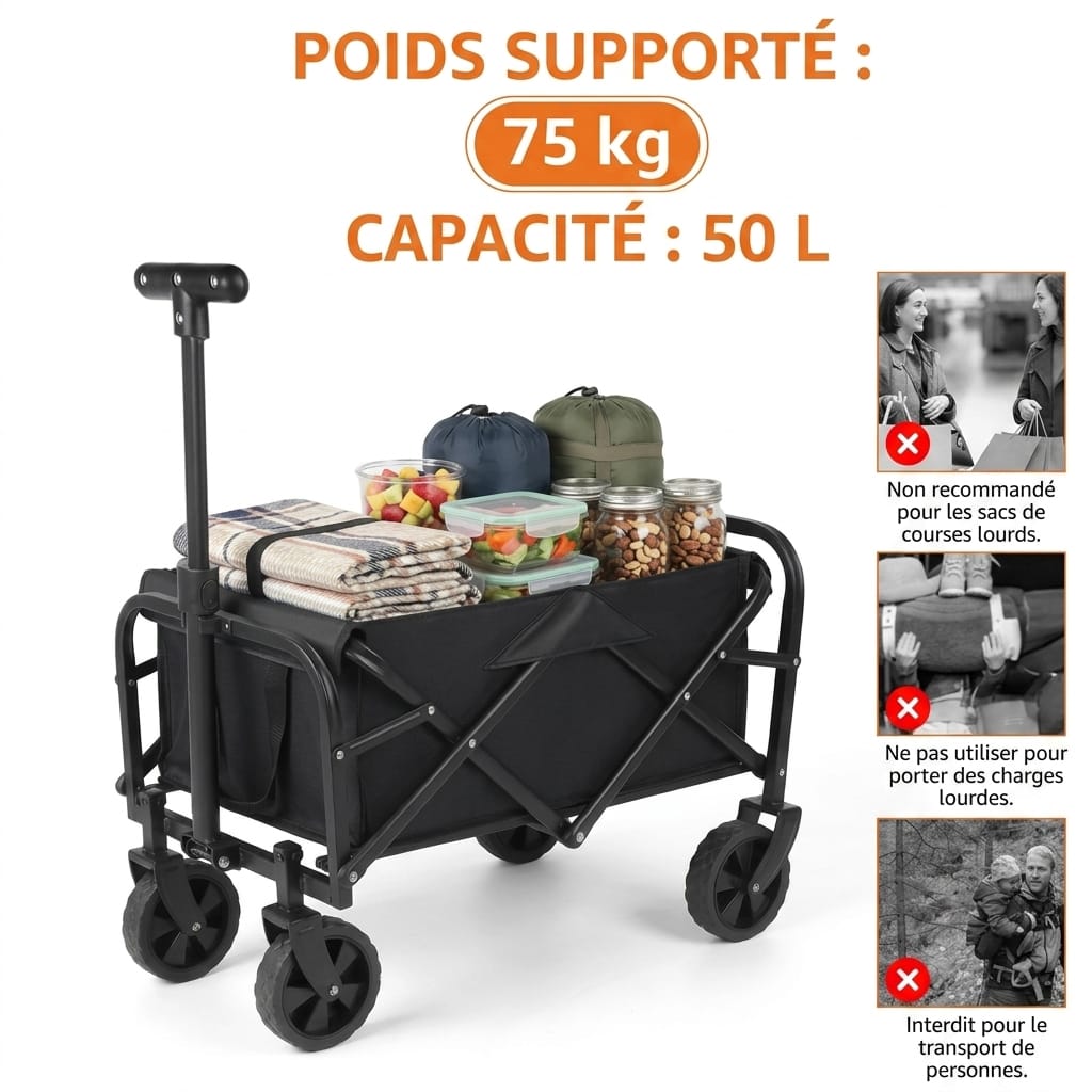 Flexi Maison Chariot de camping pliable noir à roues tout-terrain