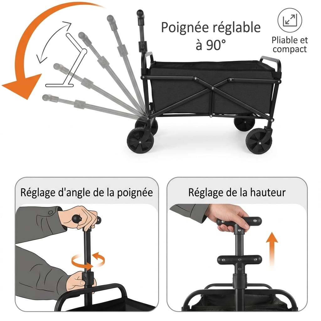Flexi Maison Chariot de camping pliable noir à roues tout-terrain