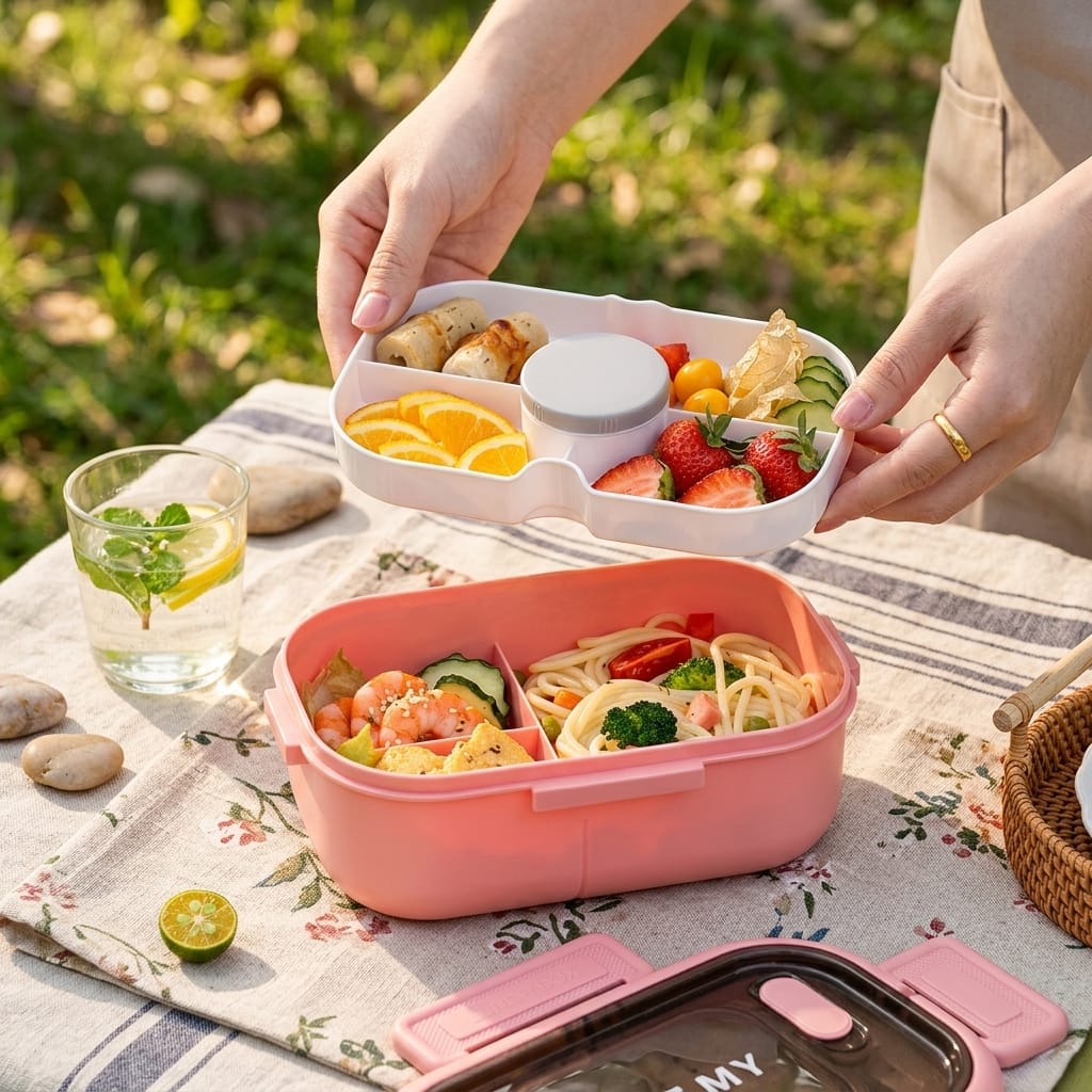 Flexi Maison Lunch Box En Plastique Compartimentée Avec Couverts